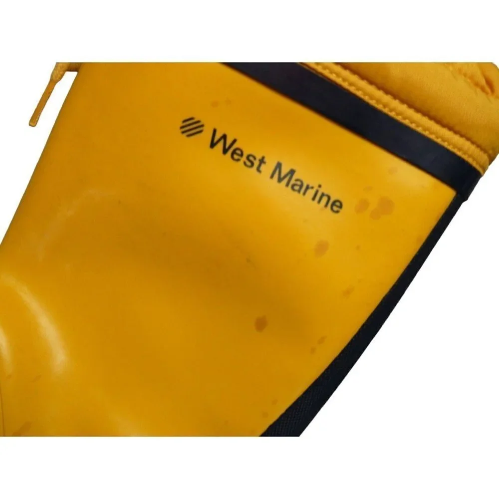 West Marine Tall Blue Yellow‎ Rubber Boat Deck Boots size 4 with drawstring